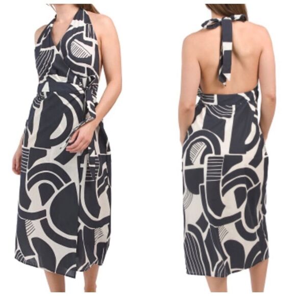 ZARA Nicole Halter Wrap Midi Dress Navy/White Print XS NEW - Picture 14 of 14